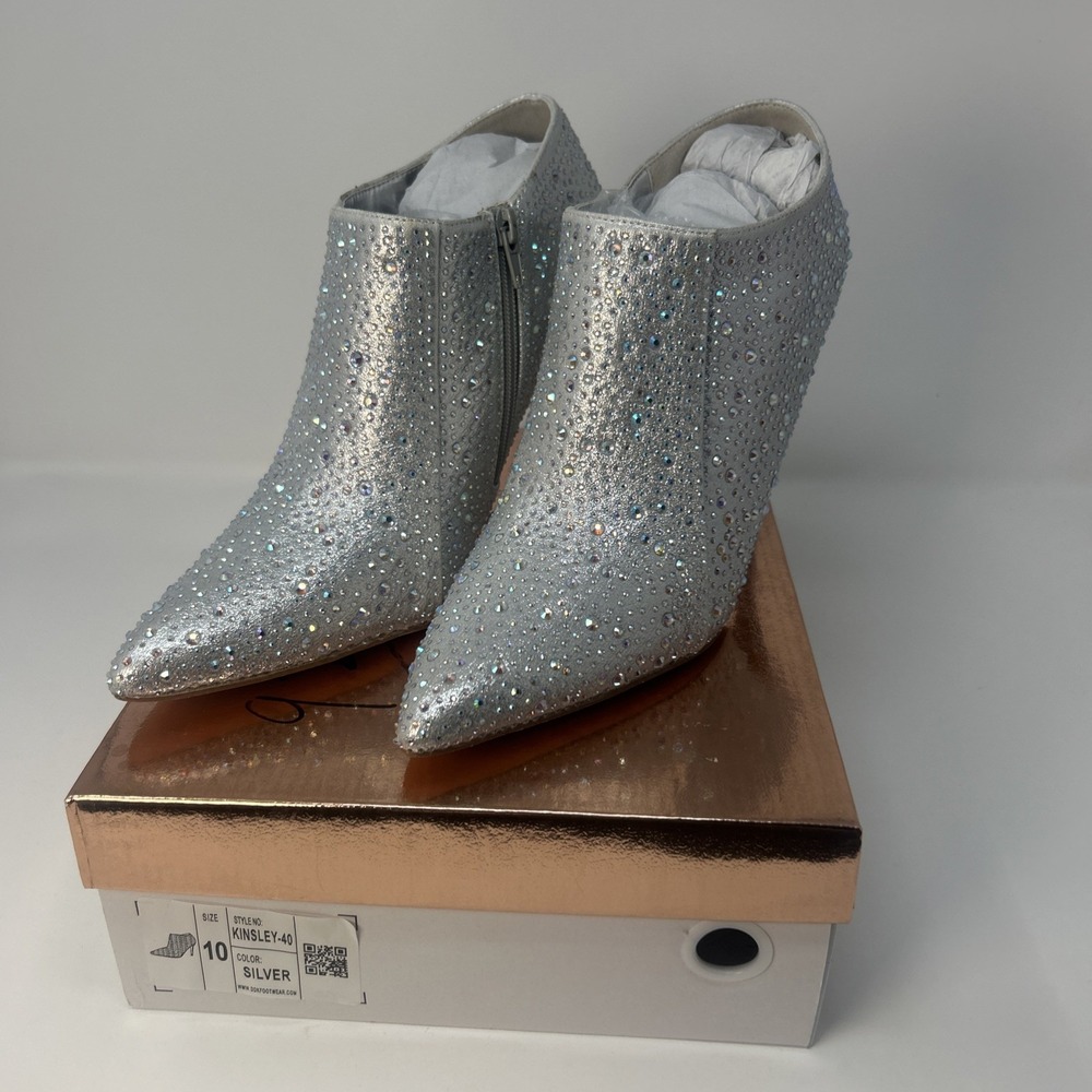 NIB Cathy Din Kinsley Silver Heeled Glitzy Bootie Sz 10 AB Rhinestone